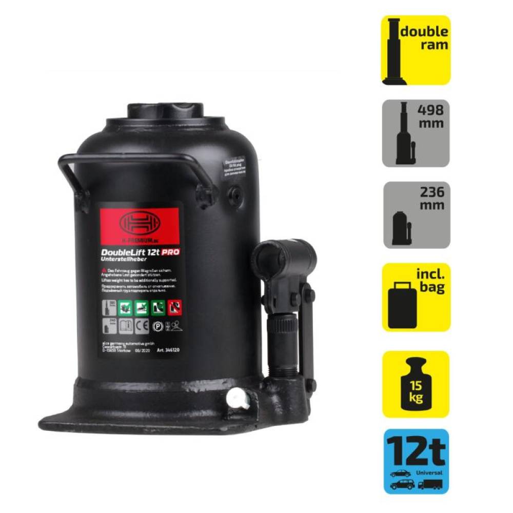 Cric hidraulic 12T, cu piston dublu, inaltime de ridicare 23cm - 49cm, DoubleLift Pro Crom 346.12 Heyner