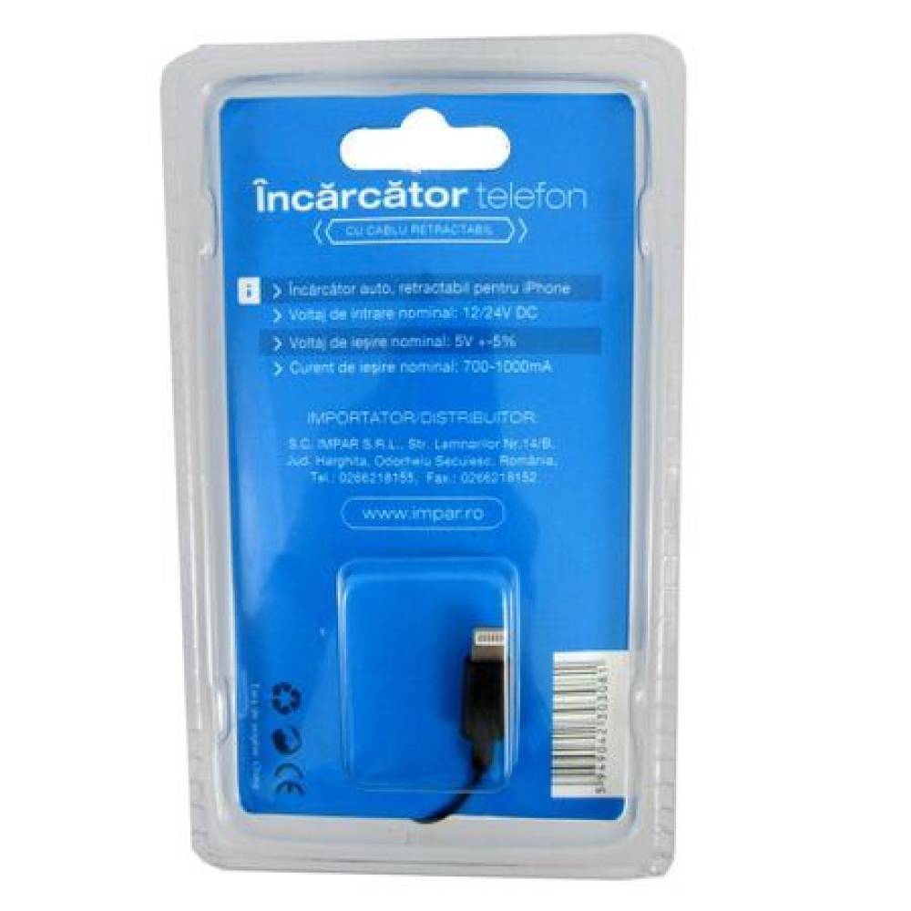 Incarcator auto Iphone 5 cu fir retractabil, 12/24V, 3081 Carmax