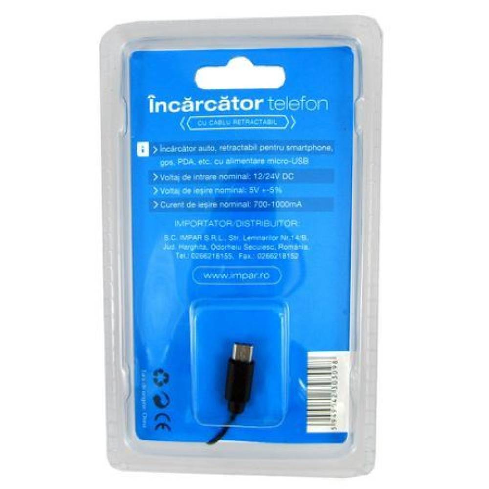 Incarcator auto microUSB cu fir retractabil 12/24V 3098 Carmax