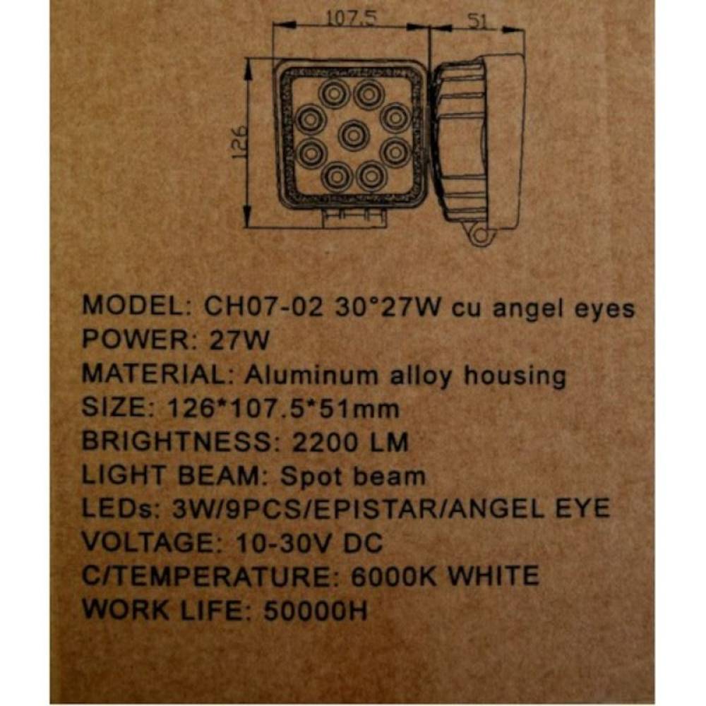 Proiector lucru 108x108, LED, 9-30V / 27W, 2200lm, 2 functii, cu pozitie, AngelEye WL27wSq