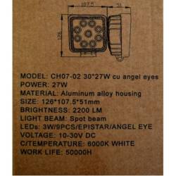 Proiector lucru 108x108, LED, 9-30V / 27W, 2200lm, 2 functii, cu pozitie, AngelEye WL27wSq