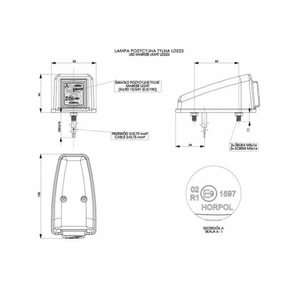 Lampa gabarit cabina 52x46, LED, rosie, LD223 Horpol