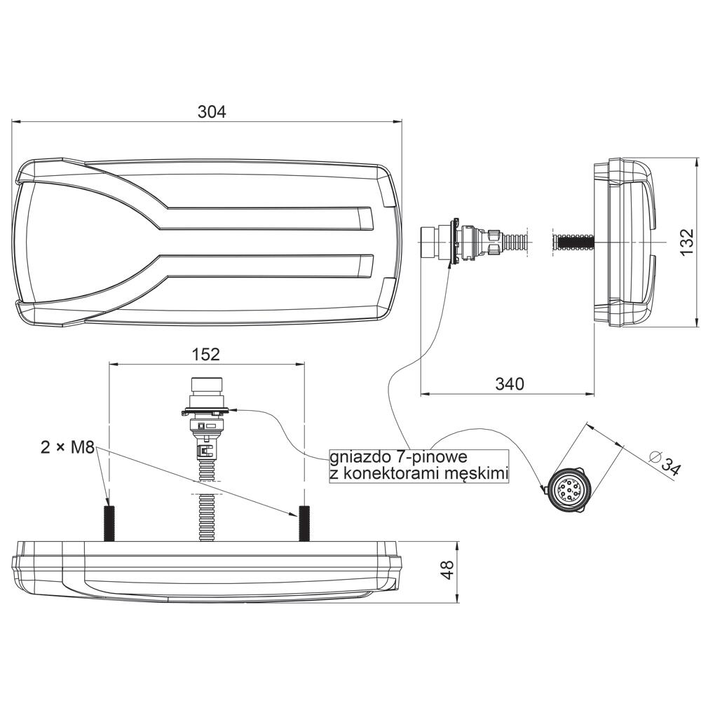 Lampa spate 305x132, 6 functii, semnalizare dinamica, cu mufa 7 pini, dreapta, color, Carmen LZD2405 Horpol