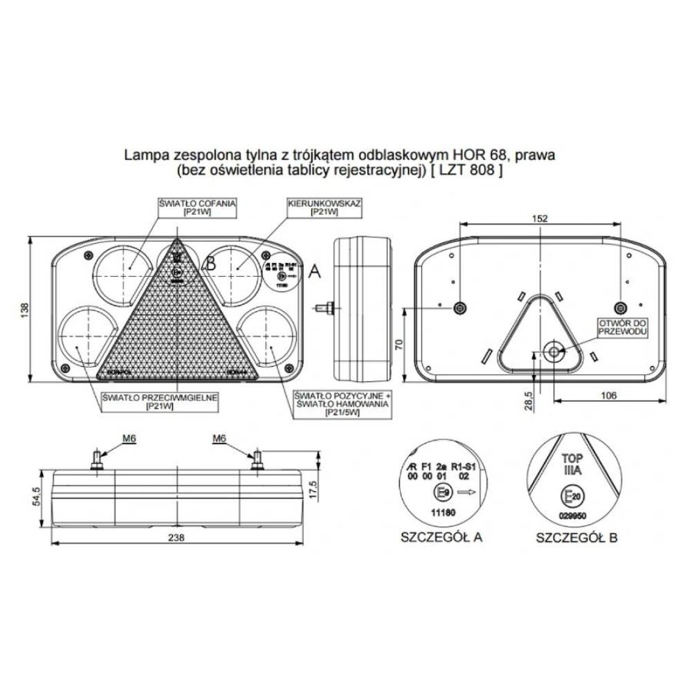 Lampa spate, 232x138, 6 functii, cu triunghi, ceata si mers inapoi, dreapta, Hor68 LZT808 Horpol