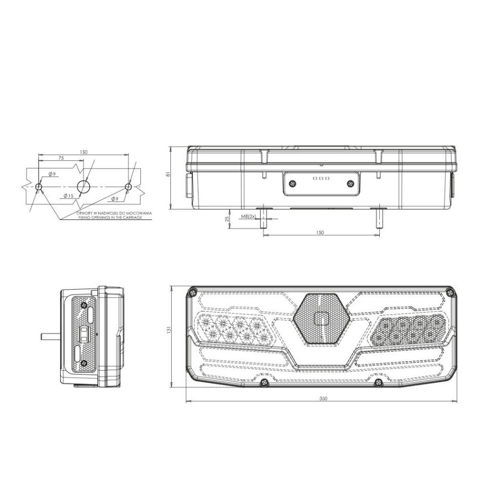 Lampa spate 350x131, 7 functii, LED, stanga, W170 L 1190 Was