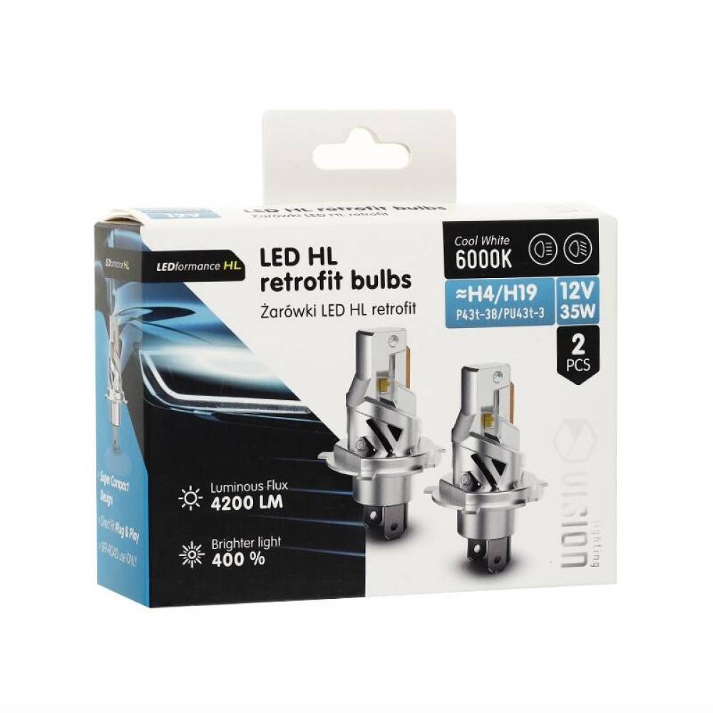 Set 2 becuri H4-H19, LED CSP, 12V, 35W, 4200lm, 6000K, Canbus, HL Retrofit Series, Vision 83301 Carmotion
