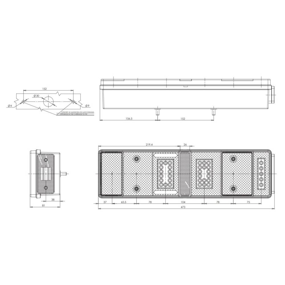 Lampa stop 465x130, 7 functii cu numar, LED si bec, hibrid, stanga W26DzL 662Sz Was