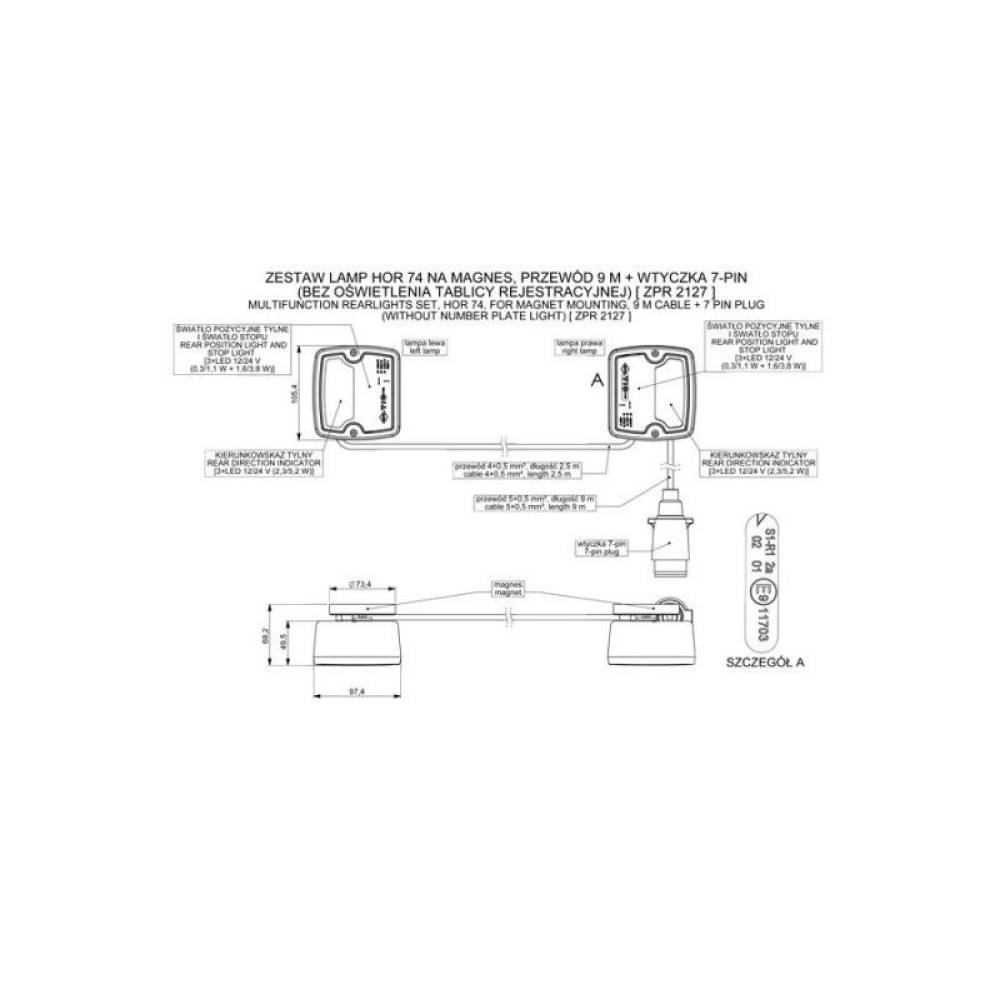 Kit lampi remorca (cu LED, Zpr2001), cu cablu 9m si magnet, ZPR2127 Horpol.