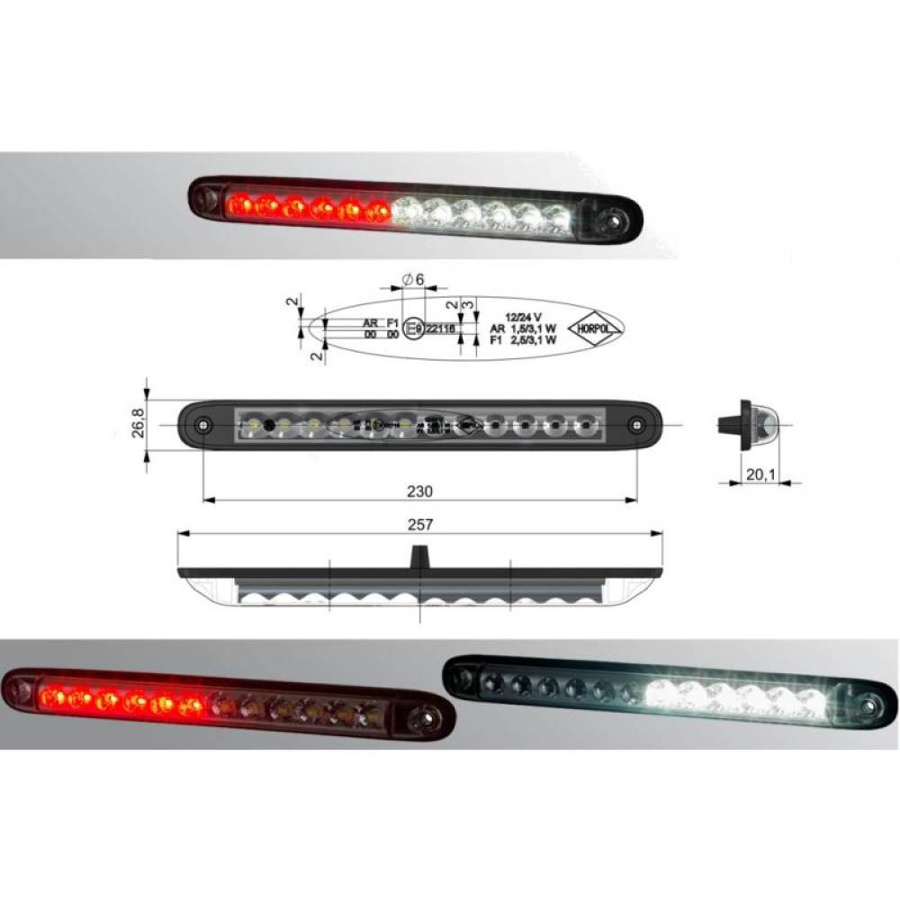 Lampa ceata cu mers inapoi, 257mm, 12 LED-uri, LZD 2252 Horpol