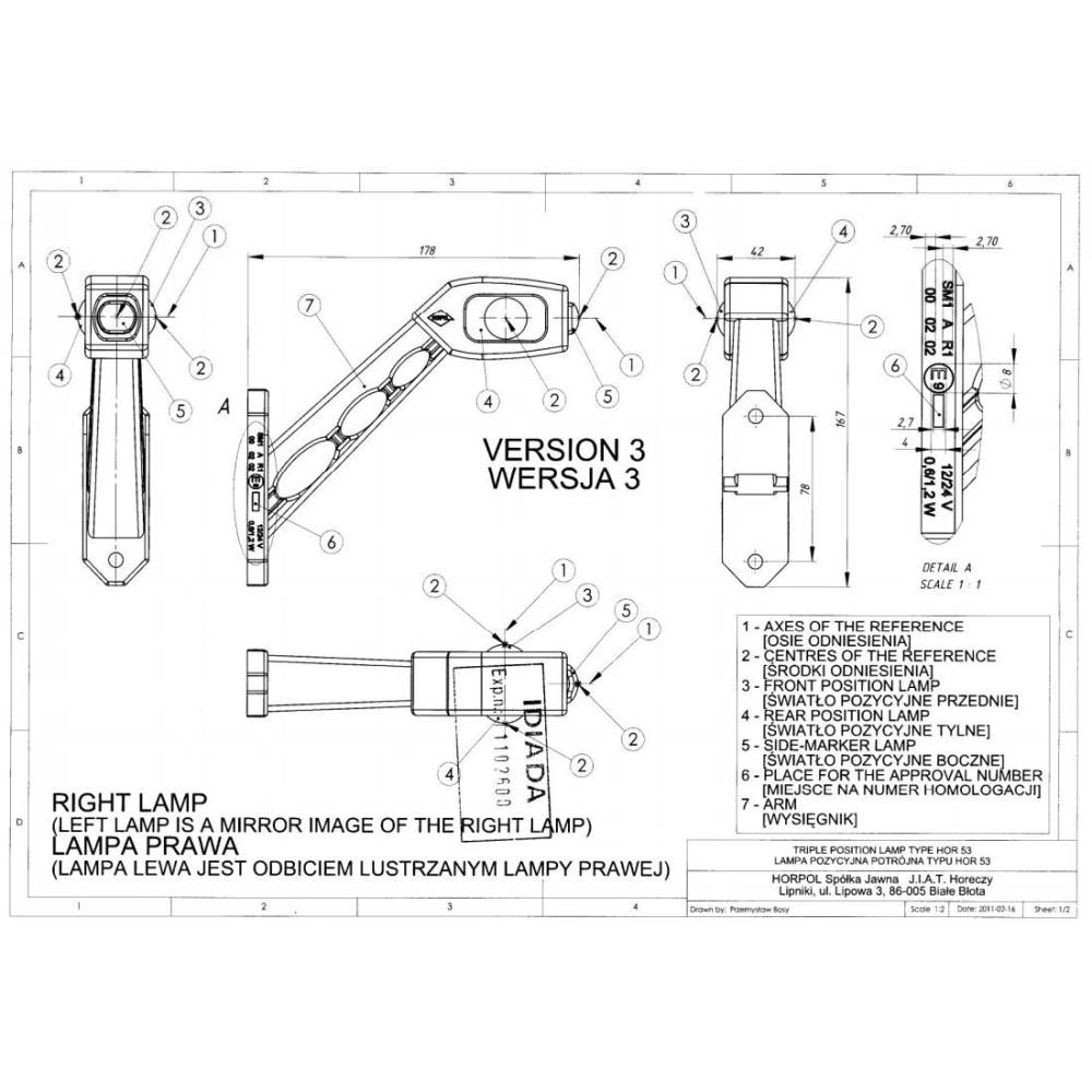 Lampa gabarit cu brat 178mm, LED, 3 functii, dreapta, (tip Hella), LD518/P Horpol
