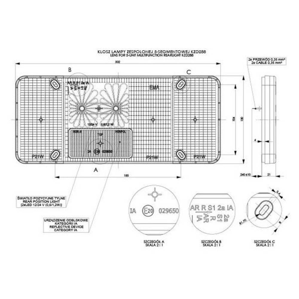 Dispersor 300x130, cu 2 LED-uri POZITIE cu fire, pentru lampa cu mers inapoi, dreapta, (tip Iveco) KZD288 Horpol