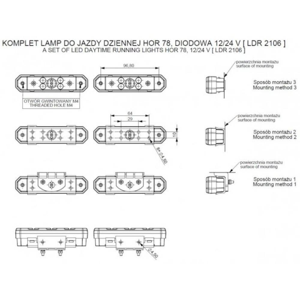 Proiector zi, 12-24V, 125.5x28.5mm, LED DRL, set 2 proiectoare, LDR 2106 Horpol