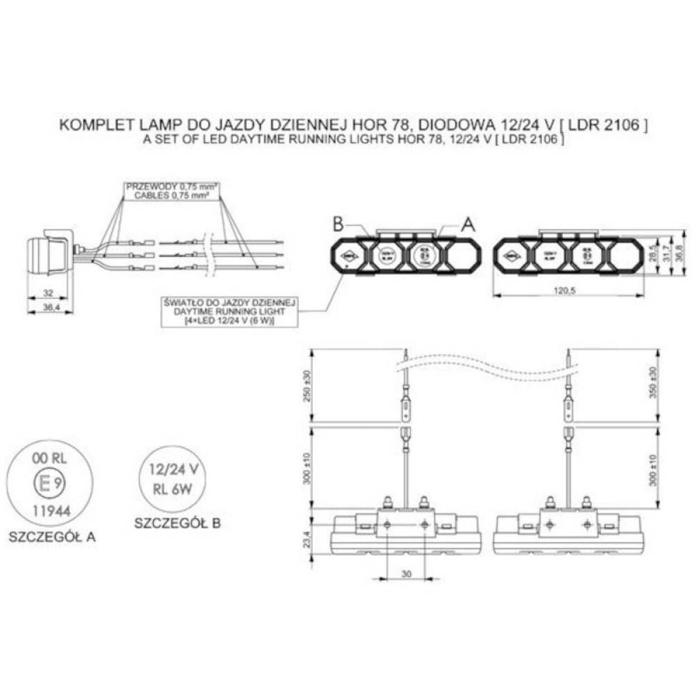 Proiector zi, 12-24V, 125.5x28.5mm, LED DRL, set 2 proiectoare, LDR 2106 Horpol
