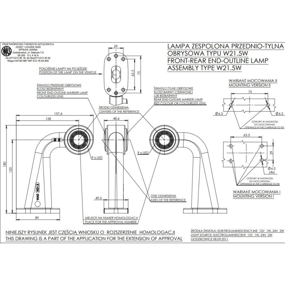 Lampa gabarit brat 187mm, oblic 45°, LED, AngelEye, stanga, 499BCL WAS