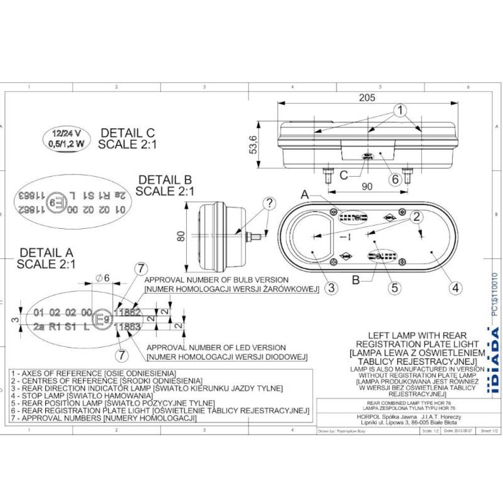 Lampa stop 205x80, 3 functii LED hibrid, JCB, dreapta, LZD 2011 Horpol