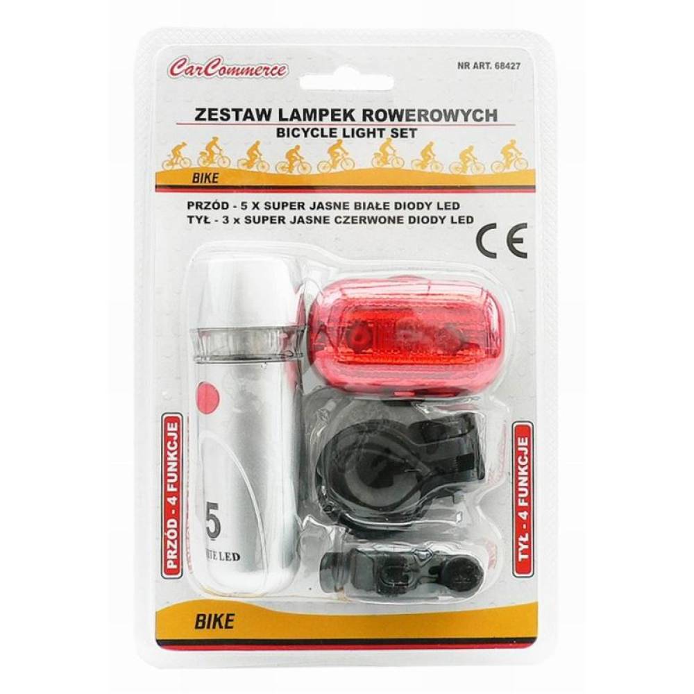 Set far cu lampa spate bicicleta, 5 Super LED-uri fata, 3 LED-uri spate, 68427 CarCo Set far cu lampa spate bicicleta, 5 Super LED-uri fata, 3 LED-uri spate, 68427 CarCo