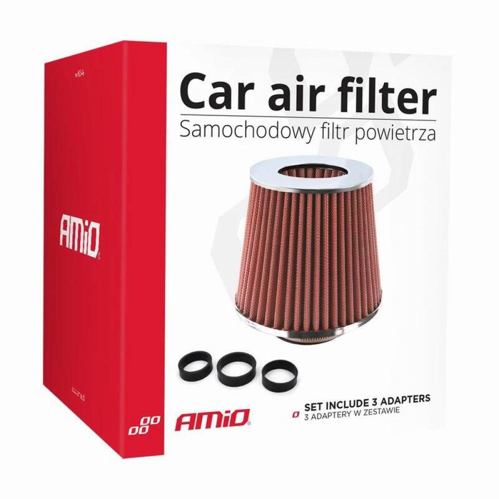 Filtru Aer Sport Roșu cu Crom, Universal, 3 Adaptoare Incluse, H160mm, AMIO 01282
