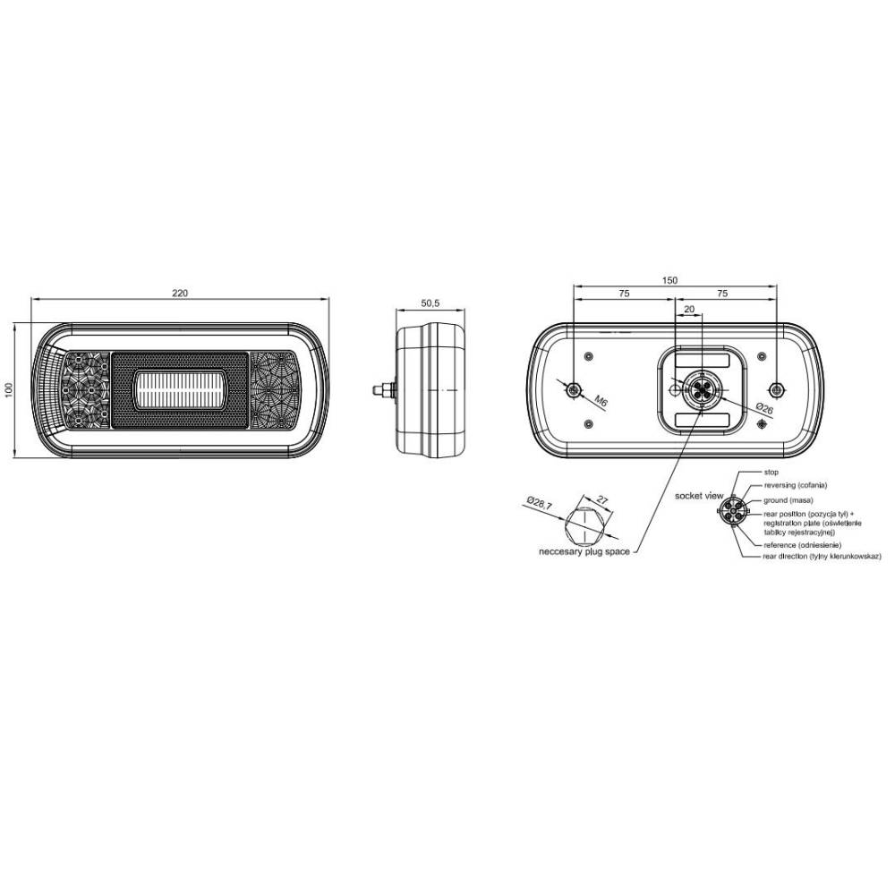 Lampa stop 220x100, 5 functii, cu mufa, LED, FT-130 NT COF Bajonet Fristom