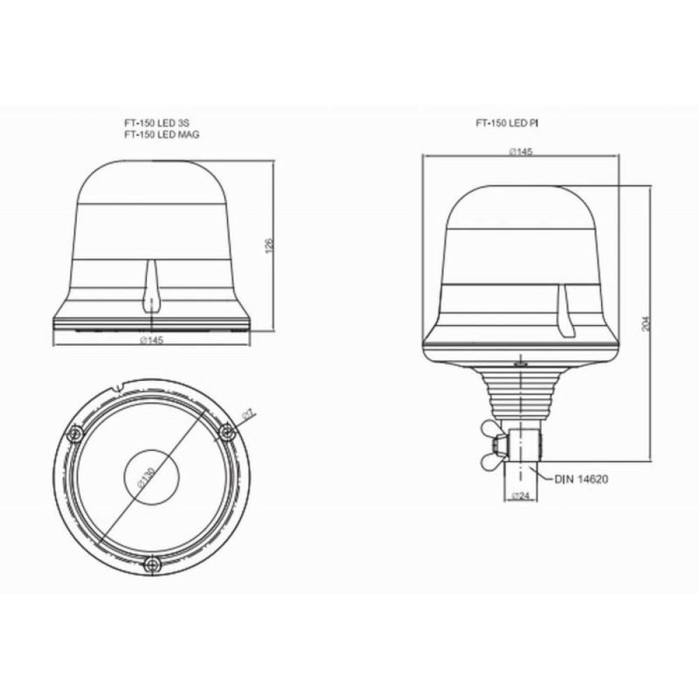 Girofar 12/24V, h204, 9 LED-uri, prindere pe tija flexi, albastru FT-150 DF N LED PI Fristom