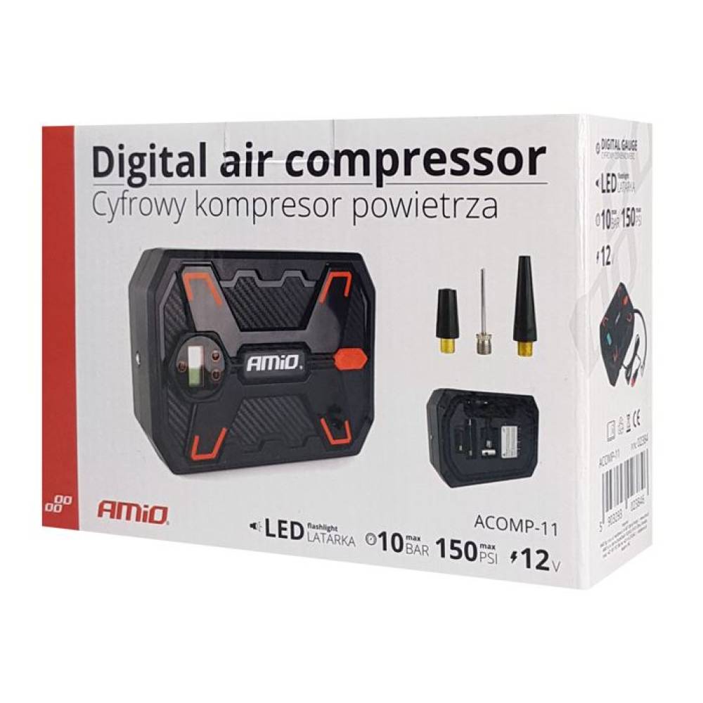Compresor aer 12V, 10bar, digital cu lanterna cu LED si adaptori 02384 Amio