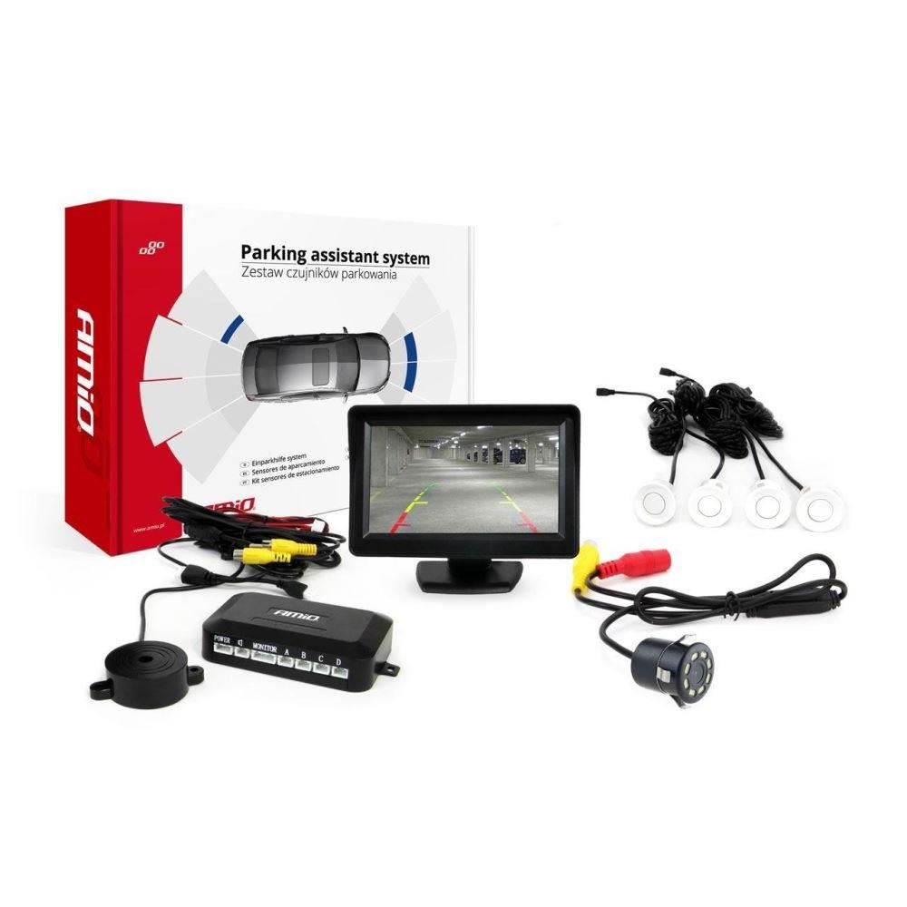 Set 4 senzori parcare, albi, cu camera, monitor 4.3