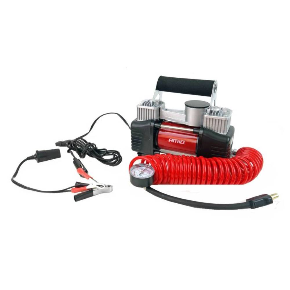 Compresor aer 12V, 10bar, 2 cilindri, cu furtun cu manometru Acomp04 01136 Amio