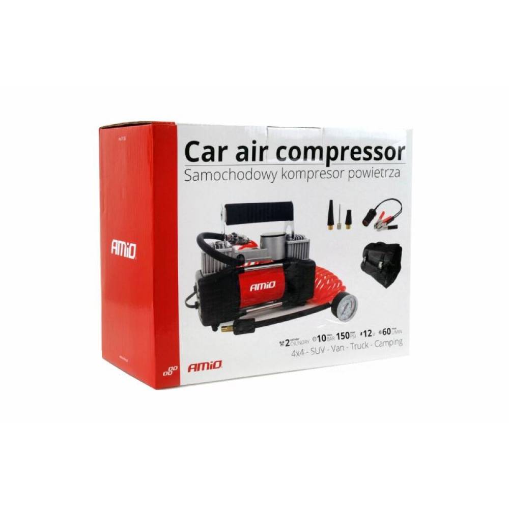 Compresor aer 12V, 10bar, 2 cilindri, cu furtun cu manometru Acomp04 01136 Amio