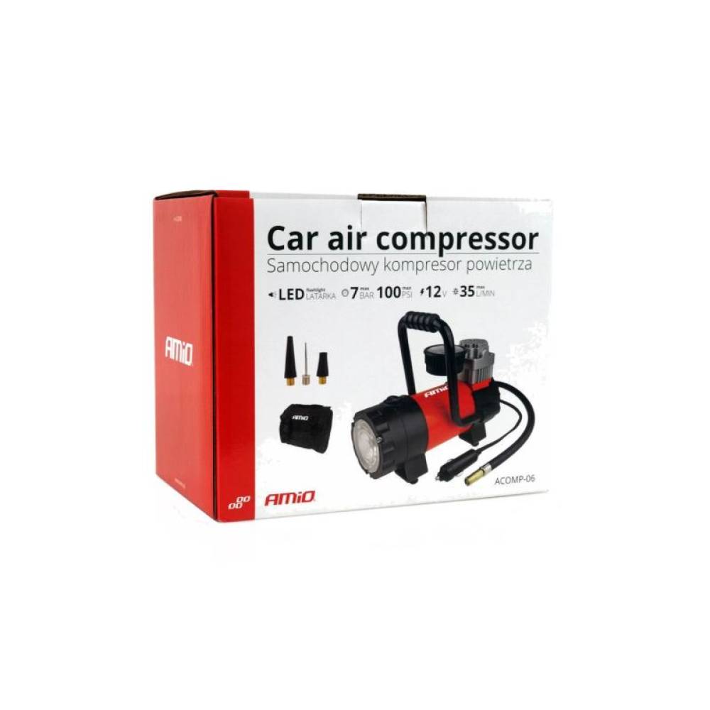 Compresor aer 12V, 7bar, cu lanterna LED si geanta Acomp06 02180 Amio Compresor aer 12V, 7bar, cu lanterna LED si geanta Acomp06 02180 Amio