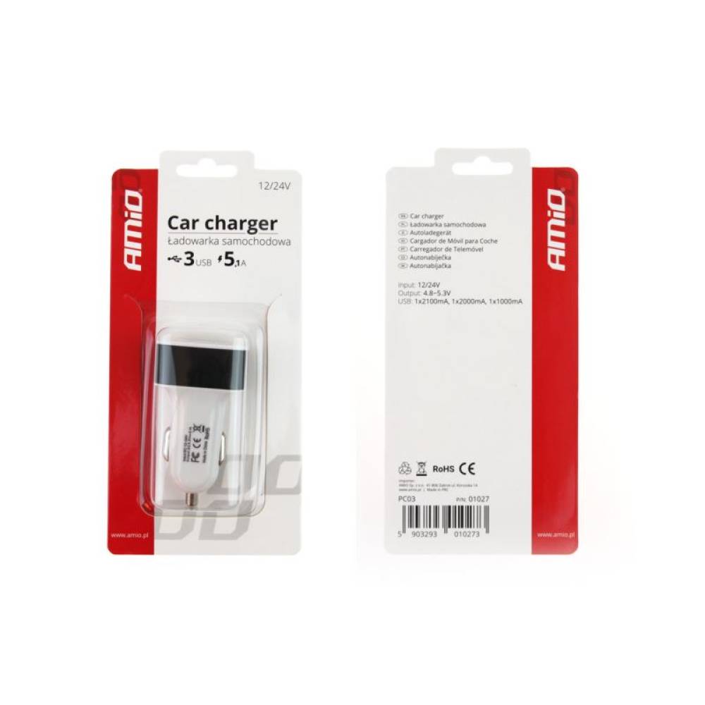 Incarcator auto 3 USB-uri fara fir 12/24V, 01027 Amio