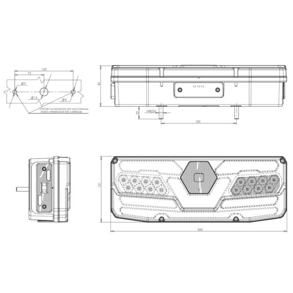 Lampa stop 350x131, 6 functii, LED, cu ceata, mers inapoi si semnalizare dinamica, dreapta, W170 DDP 1199DD Was