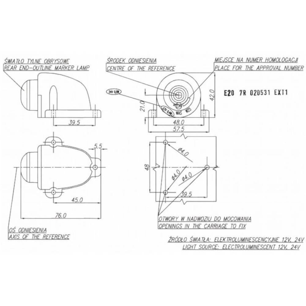 Lampa gabarit 57x76, LED, rosie, cabina W25 131 Was