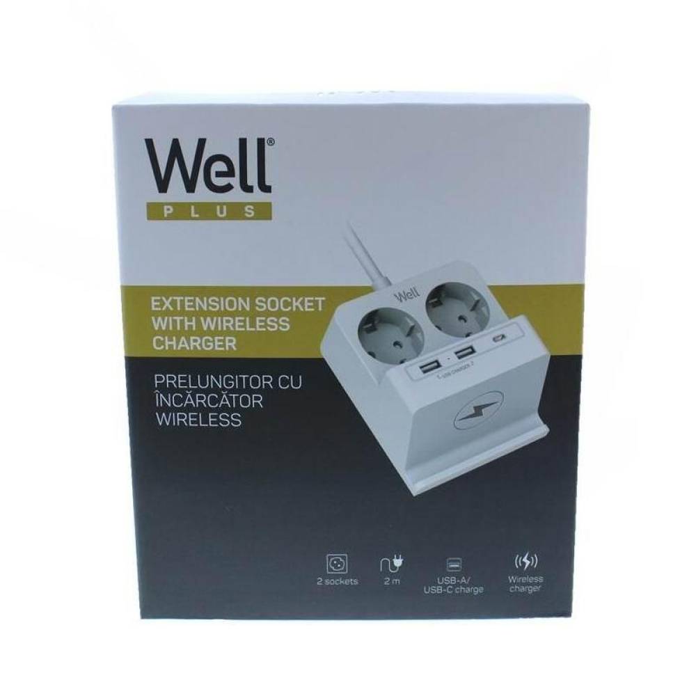 Prelungitor 2 prize cu USB, 2xA,1xC, cu incarcare wireless, cablu 2m, EXTS-2S2M-PROT/USBC3W-Well