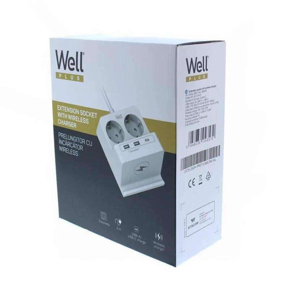 Prelungitor 2 prize cu USB, 2xA,1xC, cu incarcare wireless, cablu 2m, EXTS-2S2M-PROT/USBC3W-Well