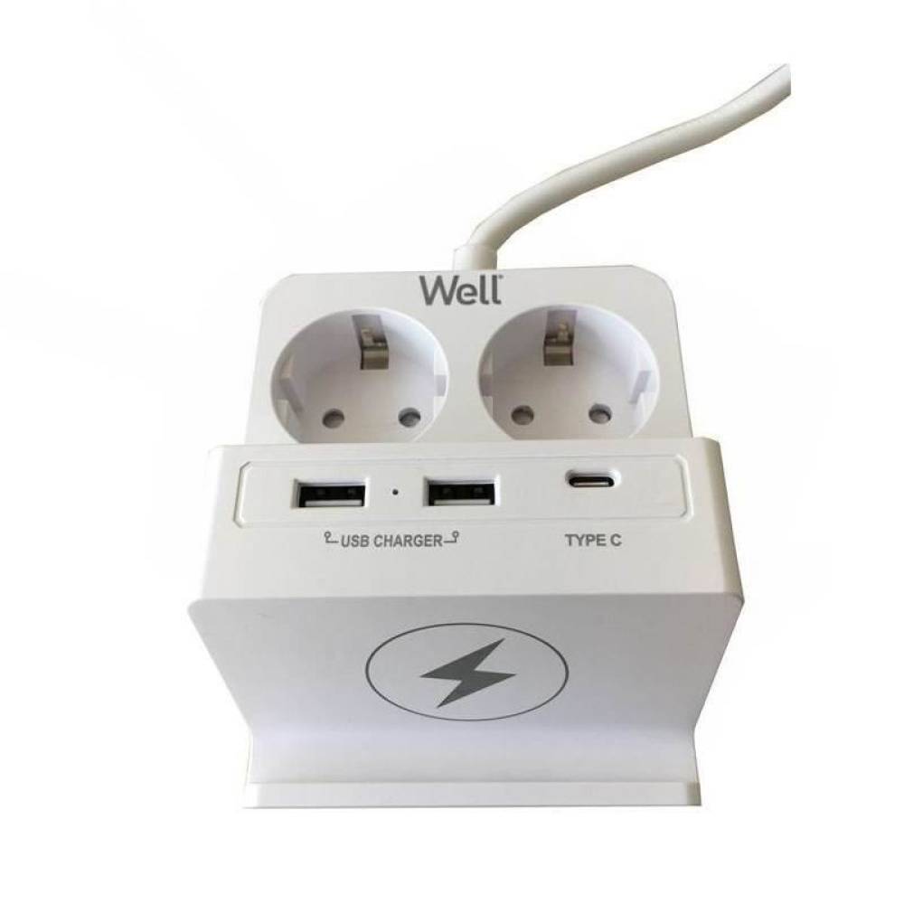 Prelungitor 2 prize cu USB, 2xA,1xC, cu incarcare wireless, cablu 2m, EXTS-2S2M-PROT/USBC3W-Well