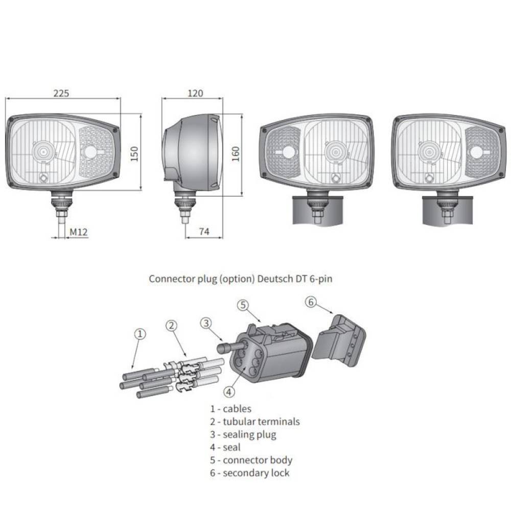 Far cu lampa semnalizare inclusa, H4 cu pozitie, cu mufa Deutsch DT04, Caterpillar/Manitou, dreapta, RGV1B. 52412 Wesem