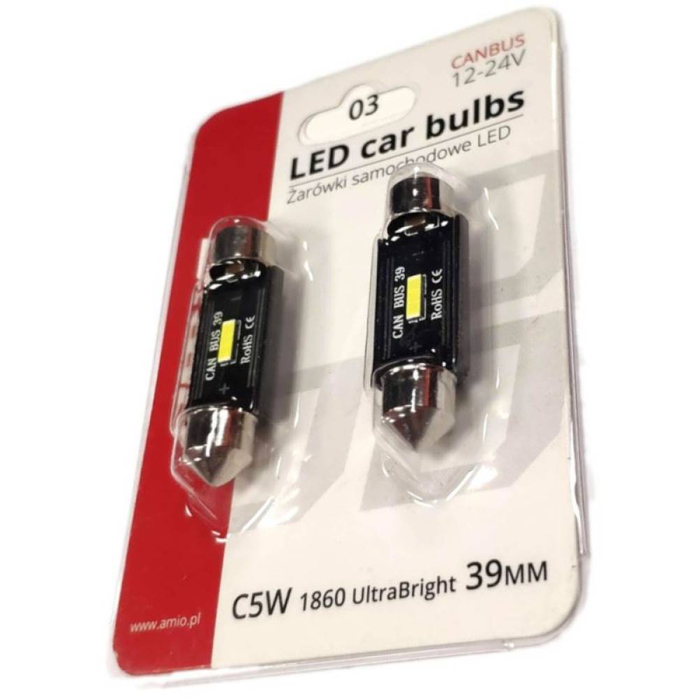 Set 2 becuri sofit 12V/24V C5W 39mm 1 LED SMD1860 UltraBright, CANBUS 02443 Amio