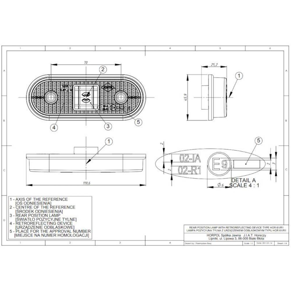 Lampa gabarit 120x46, LED, rosie, LD634 Horpol