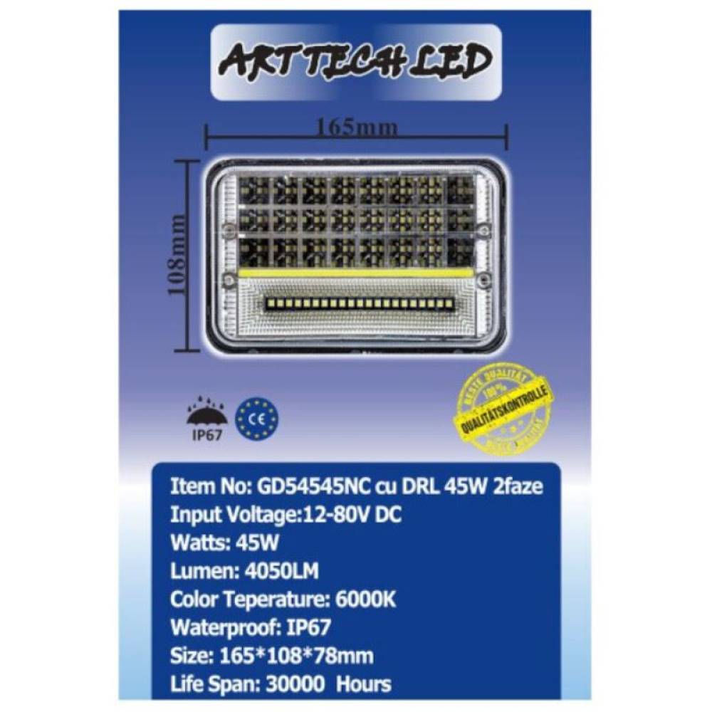 Proiector lucru 165x108, LED, 2 faze, DRL 12-24V / 45W, 4050lm, GD54545NC Arttech 