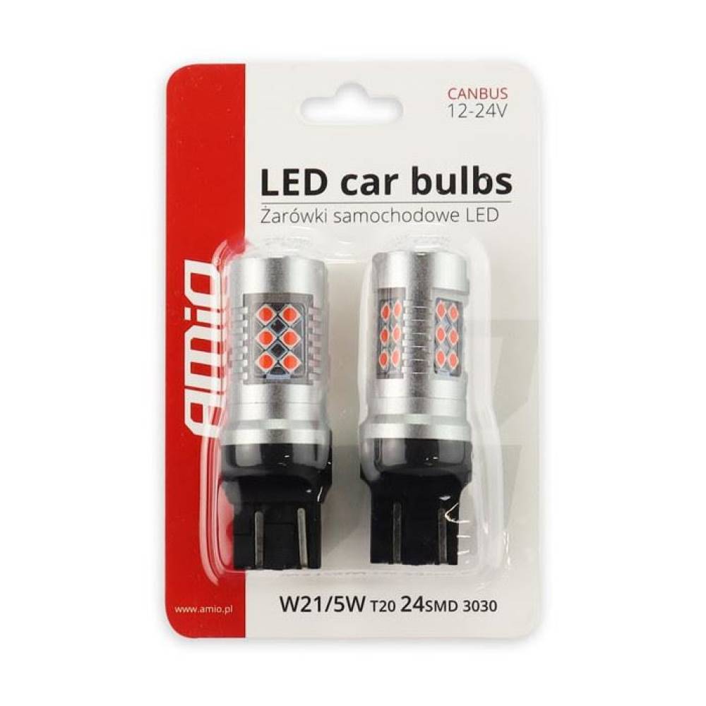 Set 2 becuri pozitie frana T20, cu LED, 12-24V, WR21/5W, canbus, lumina rosie, 02581 Amio Set 2 becuri pozitie frana T20, cu LED, 12-24V, WR21/5W, canbus, lumina rosie, 02581 Amio
