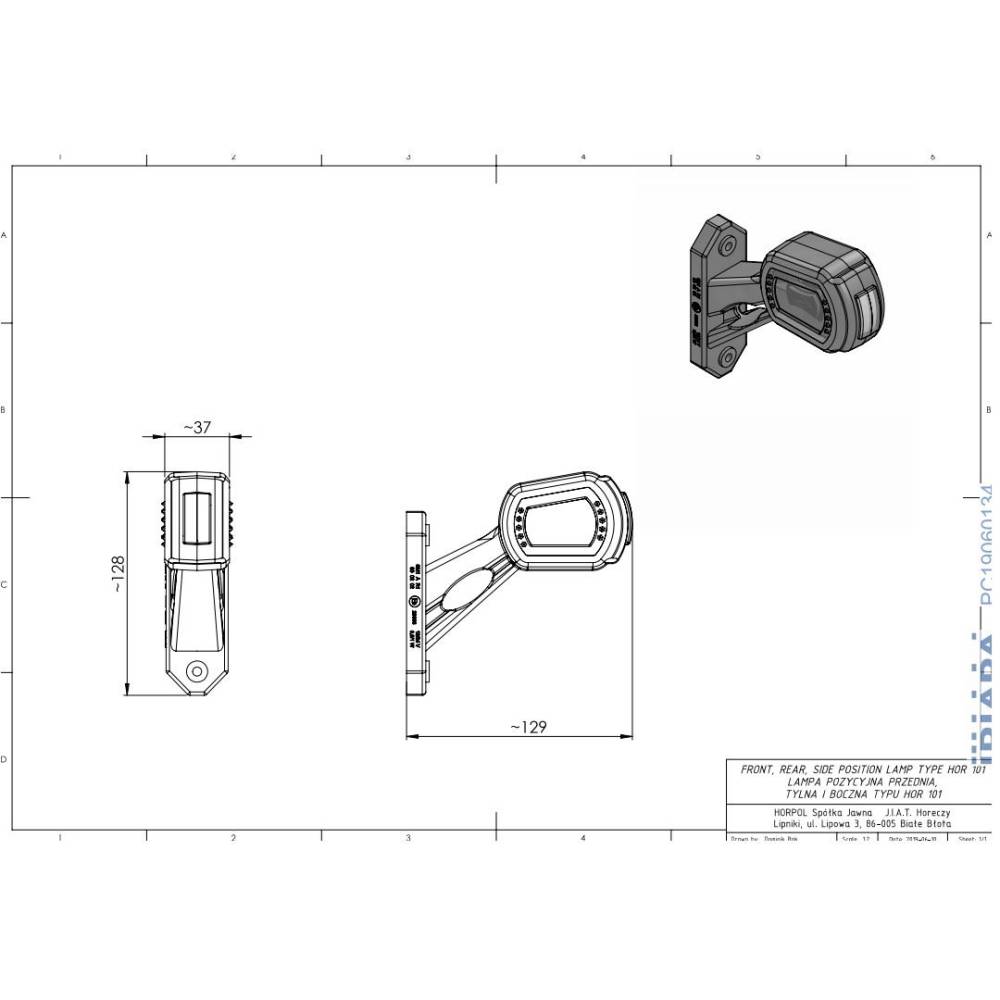 Lampa gabarit brat 129mm, LED, oblica la 45 grade, senzor mers inapoi, dreapta, HOR101, LDCC2725 Horpol