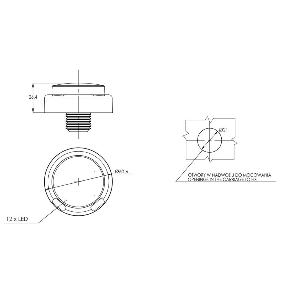 Lampa stop fi60, LED, semnalizare, W238 1533 2A Was