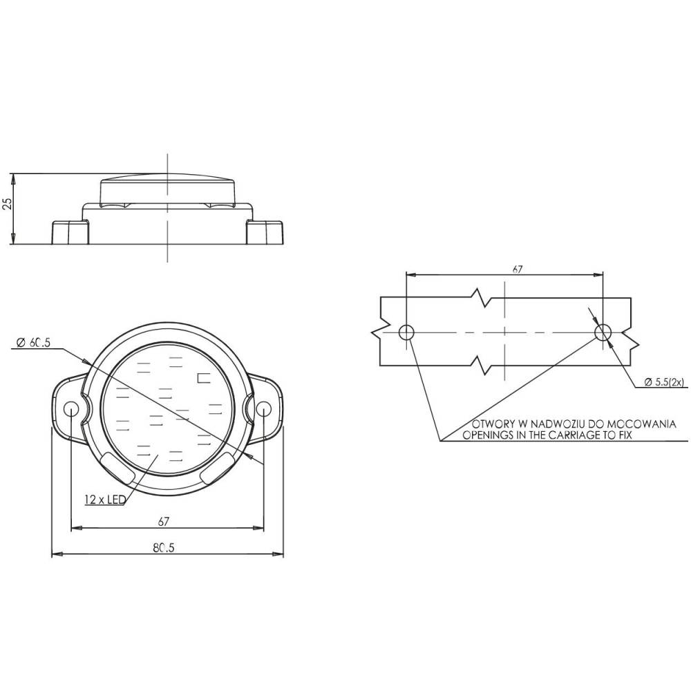 Lampa stop fi60, 2 functii, LED, prindere cu 2 urechi, 1531 R S1 Was