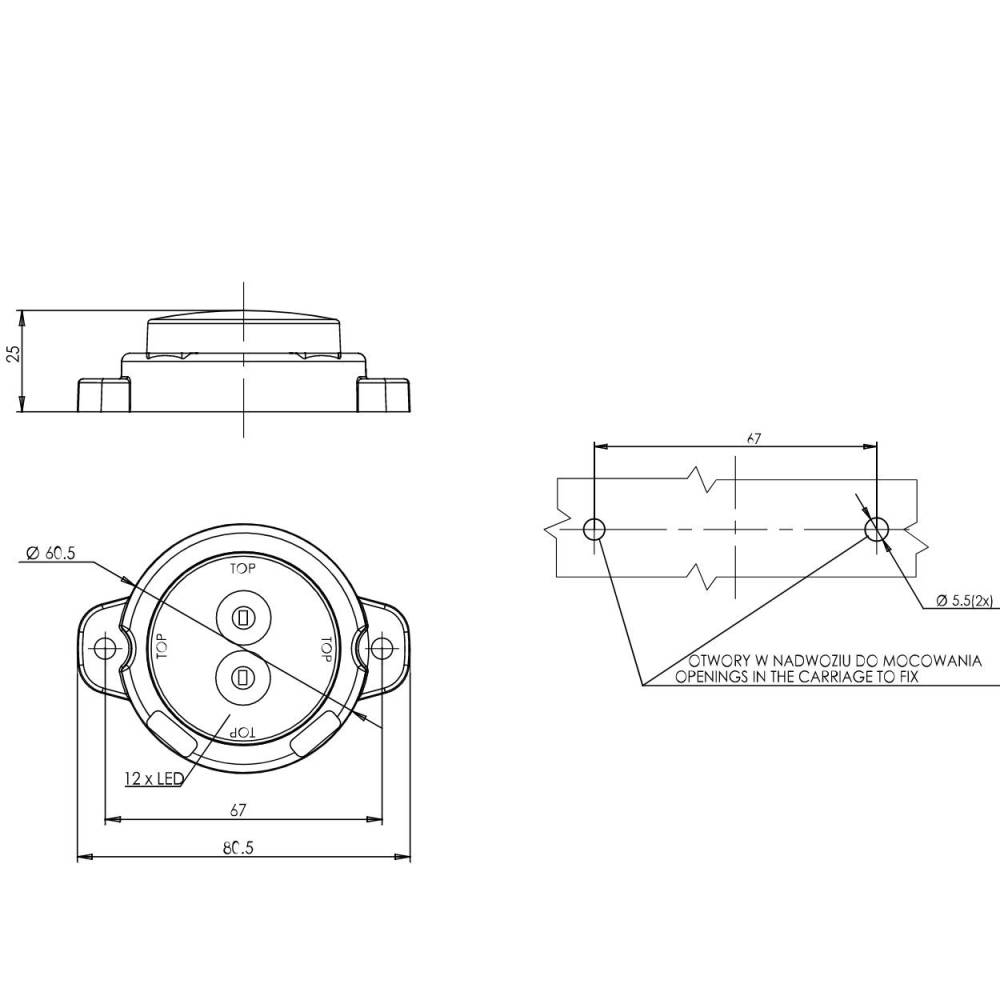 Lampa stop fi60, LED, ceata, prindere cu 2 urechi, 1531 F Was