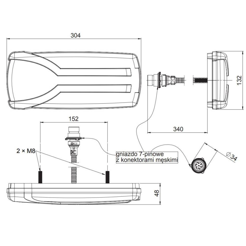 Lampa stop 305x132, 7 functii, ceata, mers inapoi, semnalizare dinamica, mufa 7 pini, dreapta, incolor, Carmen LZD 2303 Horpol