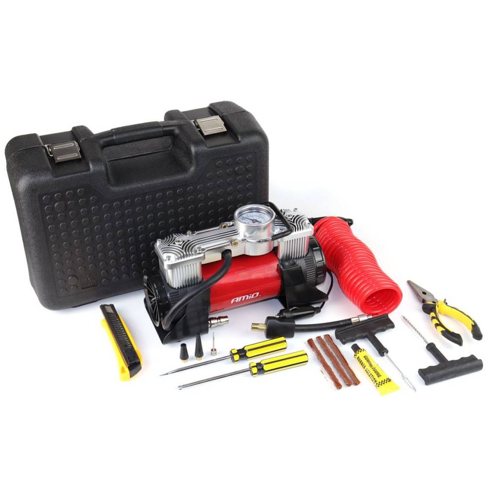 Compresor aer 12V, 10bar, 60l/min, cu lanterna si geanta, Amio 02640 Compresor aer 12V, 10bar, 60l/min, cu lanterna si geanta, Amio 02640