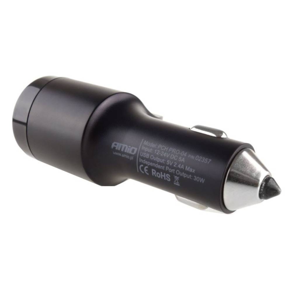 Stecher priza cu 2xUSB 12/24V 2.4A, 30W, cu varf ascutit pentru spart geam, 02357 Amio