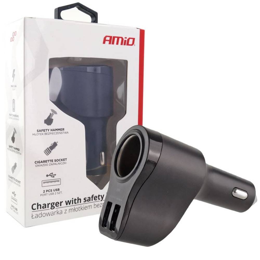 Stecher priza cu 2xUSB 12/24V 2.4A, 30W, cu varf ascutit pentru spart geam, 02357 Amio