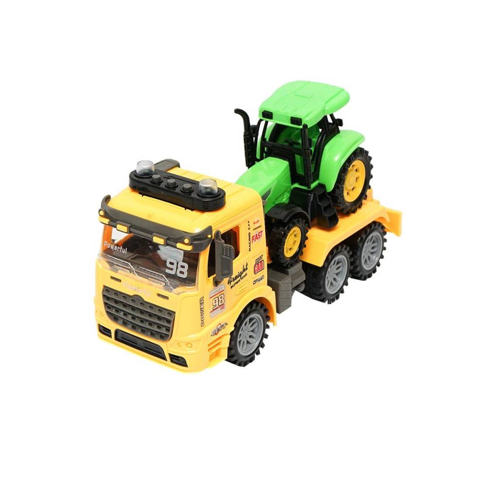 Camion galben tip trailer cu detalii autentice pe baterii impreuna cu tractor verde de jucarie cr23a DISCR23A  