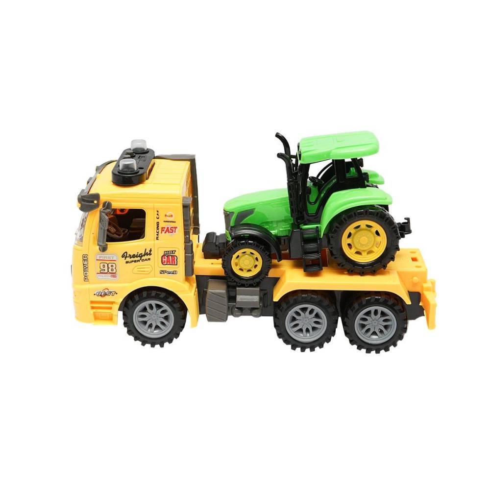 Camion galben tip trailer cu detalii autentice pe baterii impreuna cu tractor verde de jucarie cr23a DISCR23A  
