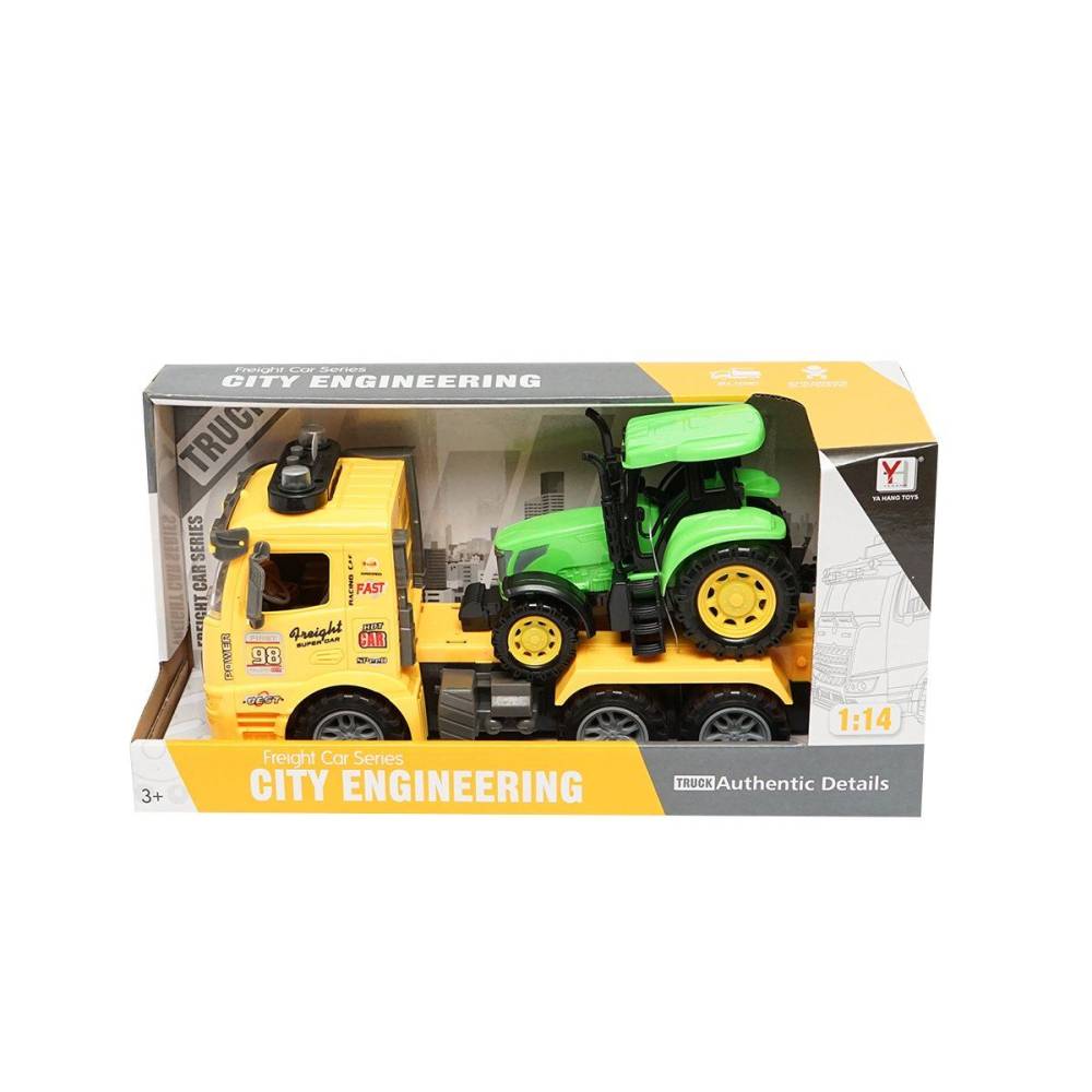 Camion galben tip trailer cu detalii autentice pe baterii impreuna cu tractor verde de jucarie cr23a DISCR23A  